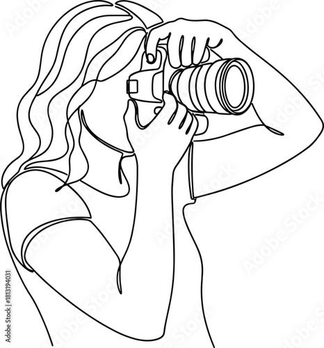 Continuous one-line drawing of a focused female photographer holding a professional camera, capturing a moment with an artistic and creative perspective, perfect for hobby and business photography
