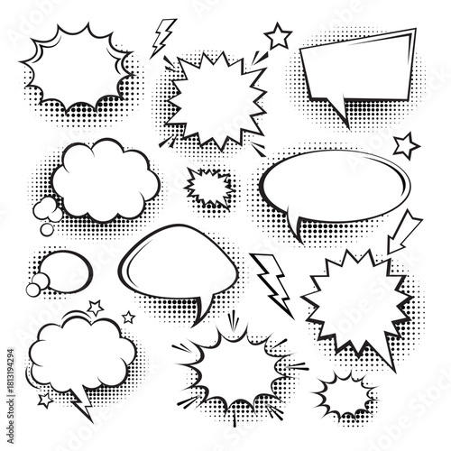 Artistic set of comic-style communication bubbles, ranging from quiet thoughts to loud explosions, all with characteristic halftone shading and bold outlines