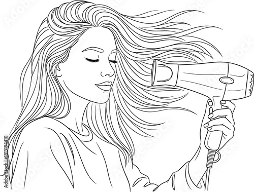 Single continuous line portrait of a beautiful woman blow-drying her long, voluminous hair with a modern dryer, symbolizing hair care, beauty routine, styling, and professional salon results