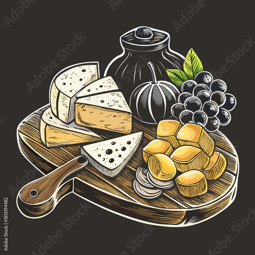 An illustration of a wooden charcuterie board with cheese grapes and a pumpkin on a dark background