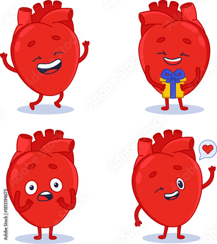 Set of cute hand-drawn human hearts laughing, holding gift box, feeling shocked and love