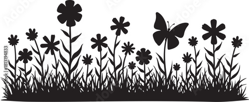 Black silhouette of meadow flowers and butterfly white