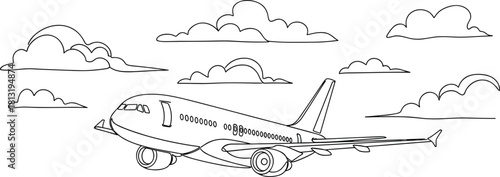 Single continuous line drawing of a passenger airplane flying through the clouds, symbolizing air travel, global transport, vacation, and the concept of swift, modern logistics