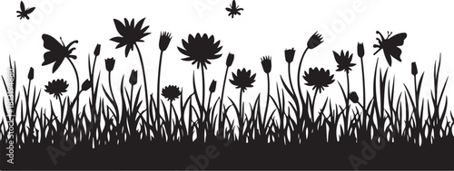 Black silhouette of meadow grass flowers and butterflies