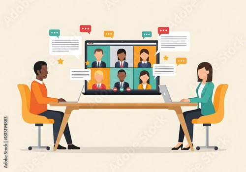 A flat-style illustration depicting a virtual meeting scene. Two people, a Black man in an orange shirt and a woman in a teal jacket, sit at a modern light wood table with laptops. A video call with s