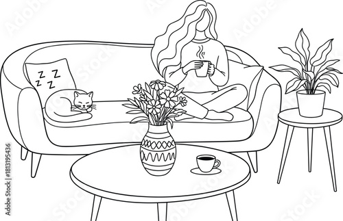 Cozy continuous line drawing of a woman relaxing on a living room sofa, enjoying a hot drink next to her sleeping cat, surrounded by houseplants and flowers, symbolizing comfort and home