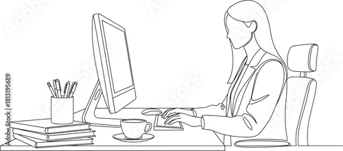 Single continuous line art drawing of a focused businesswoman working at an office desk, using a desktop computer, symbolizing remote work, productivity, and professional concentration