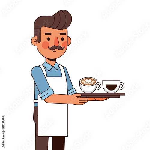 Cute character barista serving coffee with latte art on a tray