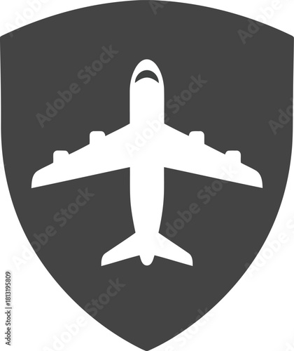 Airplane silhouette on shield icon symbolizing aviation security safety and protection vector