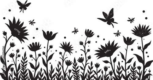 Black silhouette of wildflowers and butterflies on white