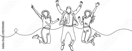 Continuous line drawing of three ecstatic business people jumping high in the air, celebrating team success, achievement, and corporate victory with raised hands on a white background
