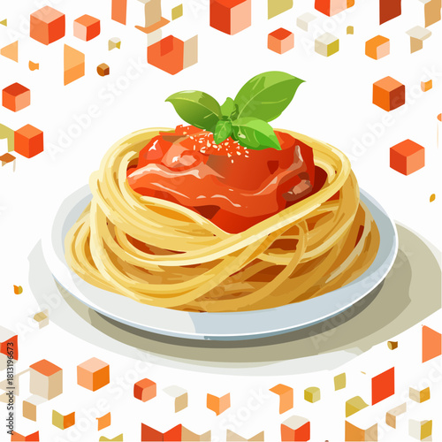 Delicious Spaghetti Pasta with Tomato Sauce and Basil Topped with Parmesan Cheese Served on a White Plate with Abstract Geometric Orange and White Cubes Background