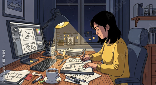 Female Artist Working Late – Desk and Sketchbook Vector Art