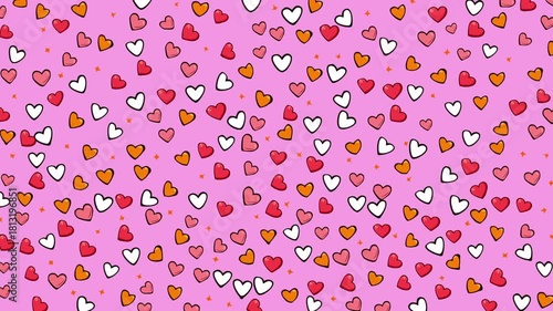 Many colorful hearts and stars scattered on a pink background with scribble animation, suitable for valentines day designs, lovethemed projects, greeting cards, social media.