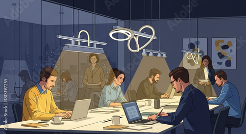 Business Team Working on Laptops in Contemporary Workspace – Vector Art