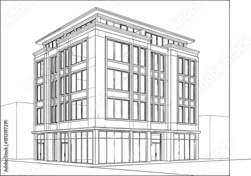 Detailed Architectural Vector Outline of a Modern Multistory Commercial or Residential Building, Illustrating Real Estate Development, Urban Landscape, and Business Property