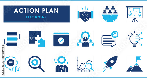 A set of flat icons related to Action Plan. Action, plan, strategy, business, teamwork, leadership, research, goals, time, startup, and so on.