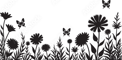 Black silhouette wildflowers and butterflies on white background