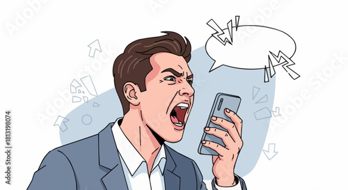 Angry man shouting into phone with speech bubble.