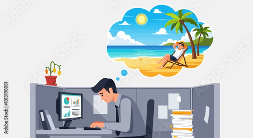Man working in office dreaming of beach vacation.