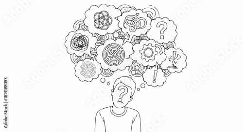 Person Overwhelmed with Thoughts and Questions, Illustrated in Black and White.