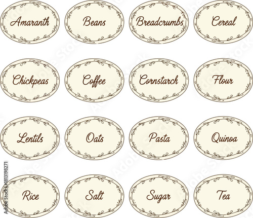 Decorative oval labels with handwritten food names for kitchen pantry organization and food storage vector