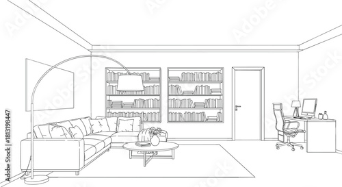 Detailed Architectural Line Art Vector Illustration of a Combined Living Room and Home Office Space with Couch, Bookshelves, and Desk, Representing Modern Remote Work and Interior Design