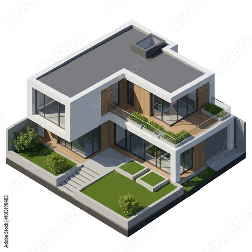 Modern Isometric House with Lush Green Garden and Contemporary Architecture.