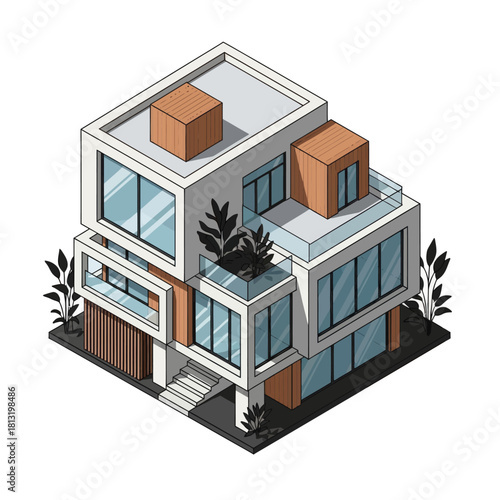 Modern Architectural House Design Isometric View.