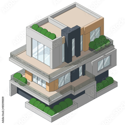 Modern Isometric House Design with Multiple Levels and Greenery.