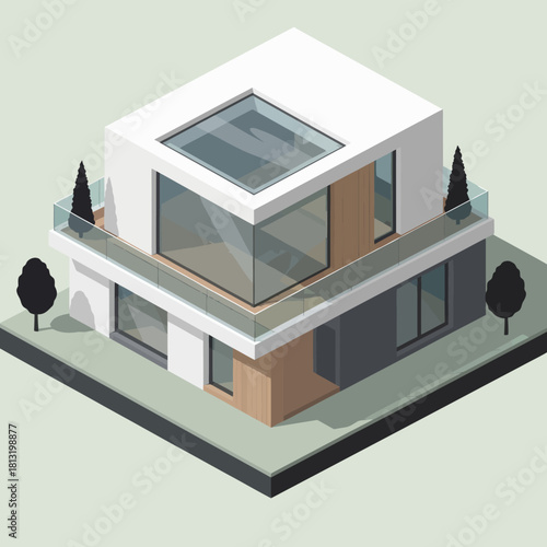 Modern Isometric House with Glass and Wood Accents.