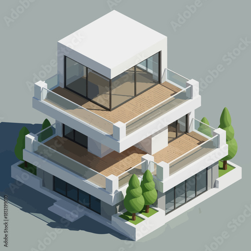 Modern Isometric House with Multiple Levels and Balconies.