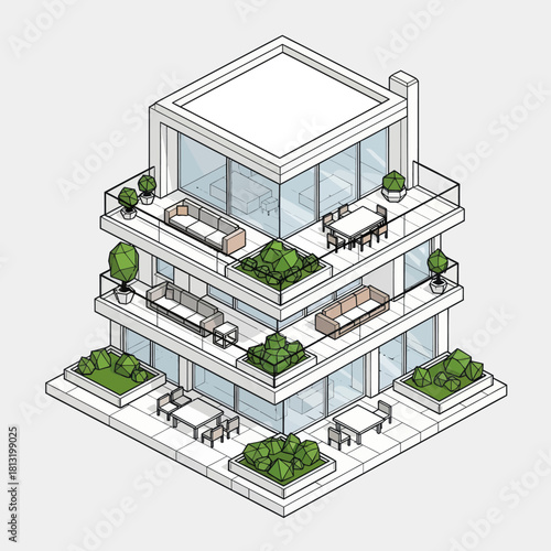 Isometric View of a Modern Multi-Story Building with Balconies.