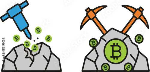 Bitcoin Mining Icon Set with Pickaxes and Jackhammer