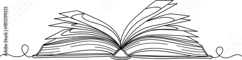 Continuous Line Art Vector Illustration of an Open Book with Pages Turning, Symbolizing Reading, Education, Storytelling, Literature, and the Freedom of Knowledge