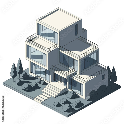 Modern Isometric Residential Building with Multiple Levels and Balconies.
