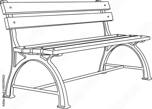 Detailed Line Art Vector Illustration of a Classic Wooden Park Bench with Cast Iron Supports, Representing Public Seating, Rest, Urban Furniture, and Tranquil Leisure