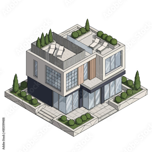 Isometric Modern House with Rooftop Garden and Contemporary Design.