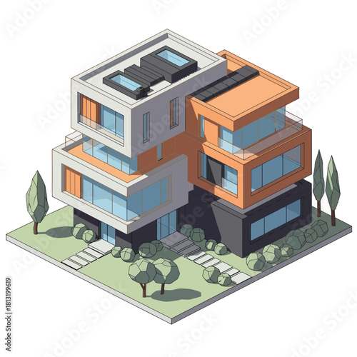 Modern Isometric Architectural Design of a Luxury Residential Building.