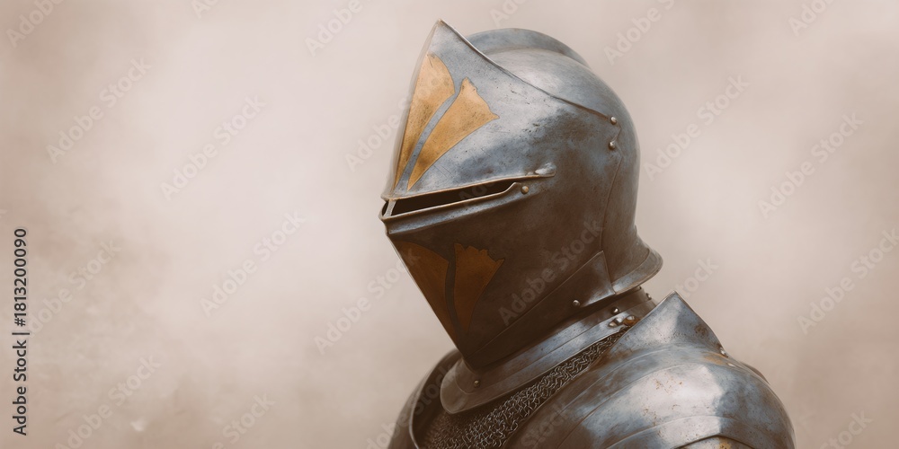Fototapeta premium Knight in a suit of armor is standing in front of a foggy background