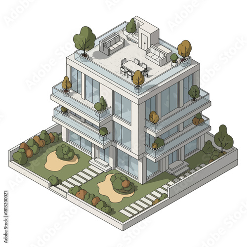 Modern Residential Building with Garden and Rooftop Terrace.