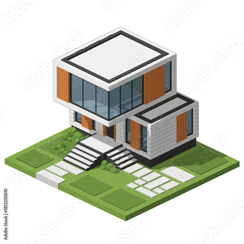 Modern Architectural House Design with Geometric Shapes and Glass Facades.