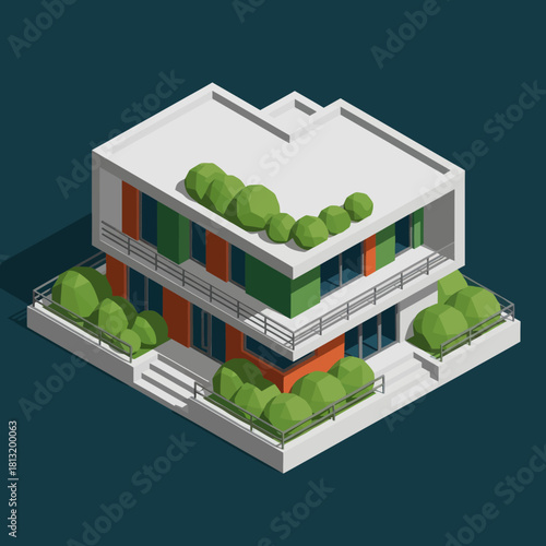 Modern architectural building with green plants and orange accents in isometric view.