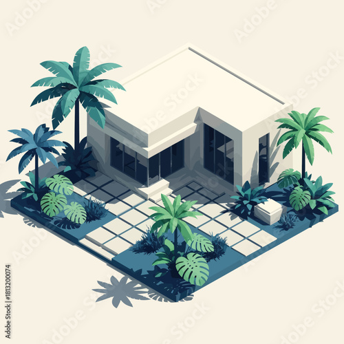 Modern Isometric House with Lush Tropical Garden.