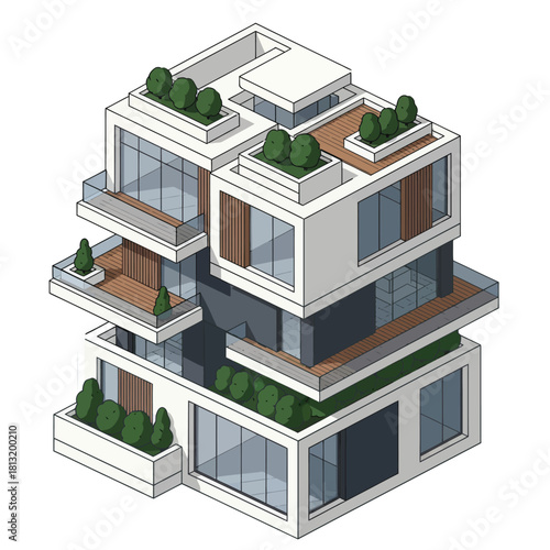 Modern Multi-Story Building with Balconies and Rooftop Gardens.