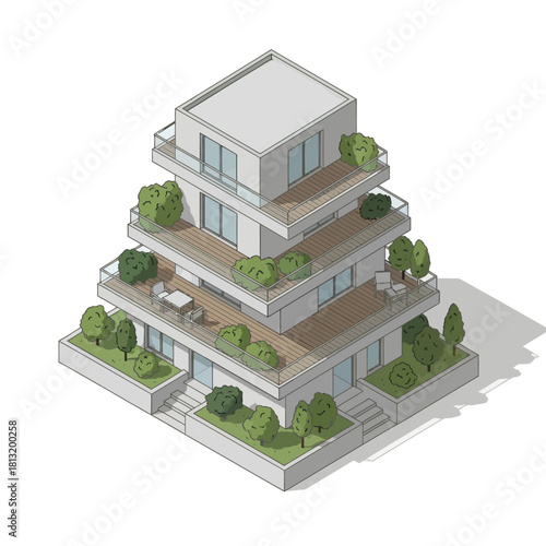 Modern multi-story residential building with terraced gardens and balconies.