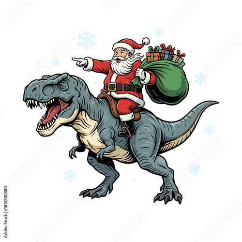 Funny Santa Claus Riding T-Rex Dinosaur Christmas Illustration
