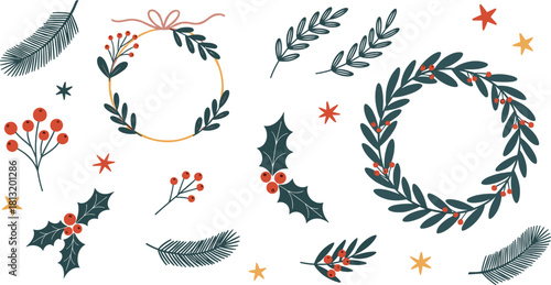 Festive winter holiday elements holly, berries, feathers, and star patterns, perfect for Christmas and New Year's decorations