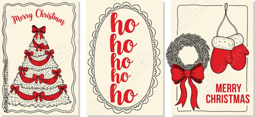 Festive Christmas Cards Hand-drawn holiday greetings with tree, wreath, and mittens designs