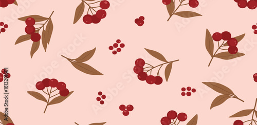 Vibrant Red Berries and Earthy Brown Leaves Create a Charming Seamless Autumn Pattern on a Delicate Pink Background, Ideal for Seasonal Decor, Fabric Design, and Digital Projects